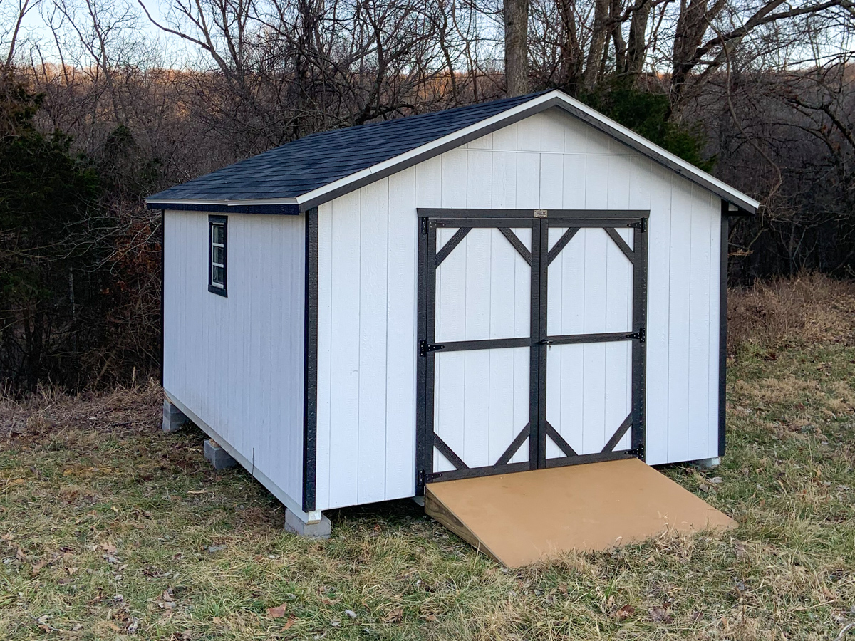 12x16 white wood shed in madison county arkansas